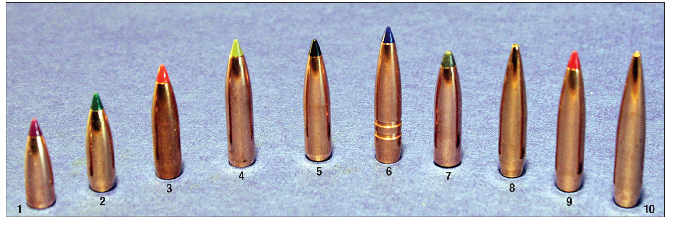 Bullets tested include the (1) Nosler 55-grain Ballistic Tip, (2) Sierra 70 BlitzKing, (3) Hornady 87 V-MAX, (4) Nosler 90 E-Tip, (5) Swift 90 Scirocco II, (6) Barnes 95 LRX, (7) Nosler 100 Partition, (8) Berger 105 Hunting VLD, (9) Hornady 108 ELD-M and the (10) Berger 115-grain Berger Hunting VLD.